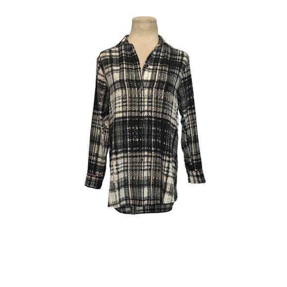 Topshop black cream plaid 3/4 sleeves buttoned blouse size 2P - Picture 10 of 13